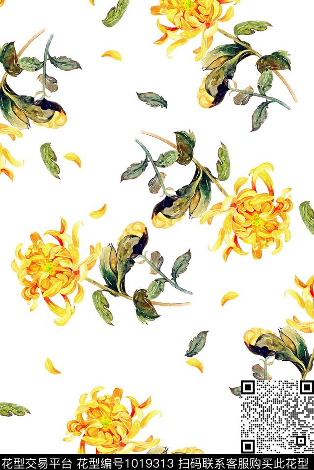 菊花牡丹花卉传统印花华亿平台下载（图片编号: 1019313） - 瓦栏（Walan）