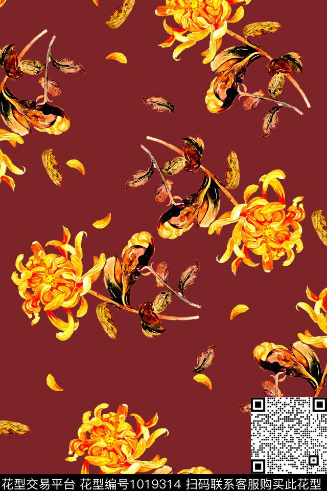 菊花牡丹花卉传统印花华亿平台下载（图片编号: 1019314） - 瓦栏（Walan）