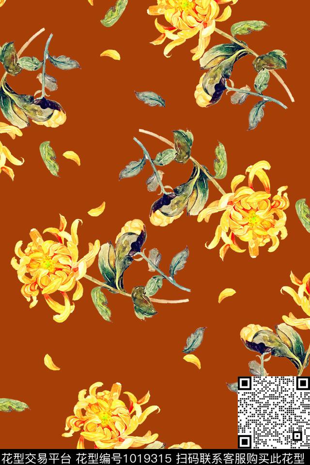 菊花牡丹花卉传统印花华亿平台下载（图片编号: 1019315） - 瓦栏（Walan）