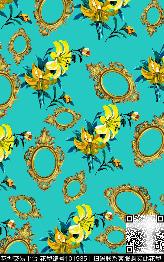花卉复古镜框传统印花华亿平台下载（图片编号: 1019351） - 瓦栏（Walan）