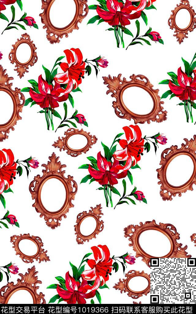 花卉复古镜框水仙花传统印花华亿平台下载（图片编号: 1019366） - 瓦栏（Walan）