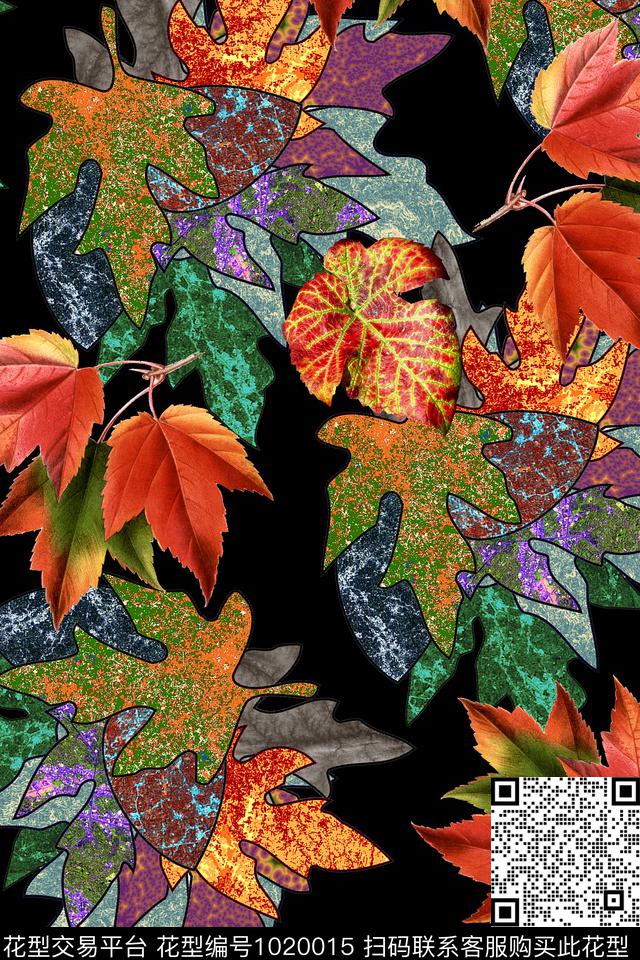 几何绿植树叶梧桐树叶数码印花华亿平台下载（图片编号: 1020015） - 瓦栏（Walan）