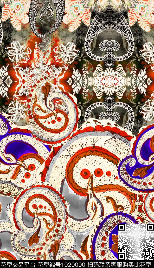 数码华亿平台民族风定位花数码印花华亿平台下载（图片编号: 1020090） - 瓦栏（Walan）