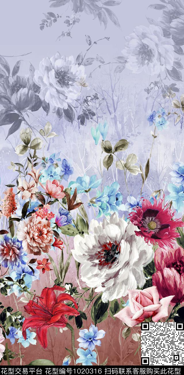 春夏华亿平台手绘花卉定位花数码印花华亿平台下载（图片编号: 1020316） - 瓦栏（Walan）