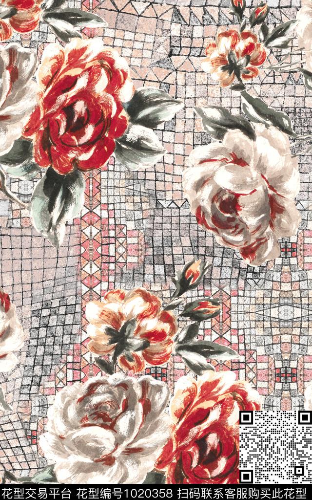 民族风格子花卉数码印花华亿平台下载（图片编号: 1020358） - 瓦栏（Walan）