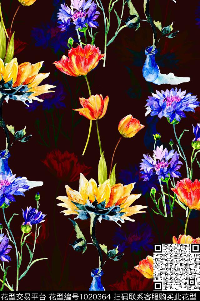 水彩花卉年轻女性手绘花卉数码印花华亿平台下载（图片编号: 1020364） - 瓦栏（Walan）