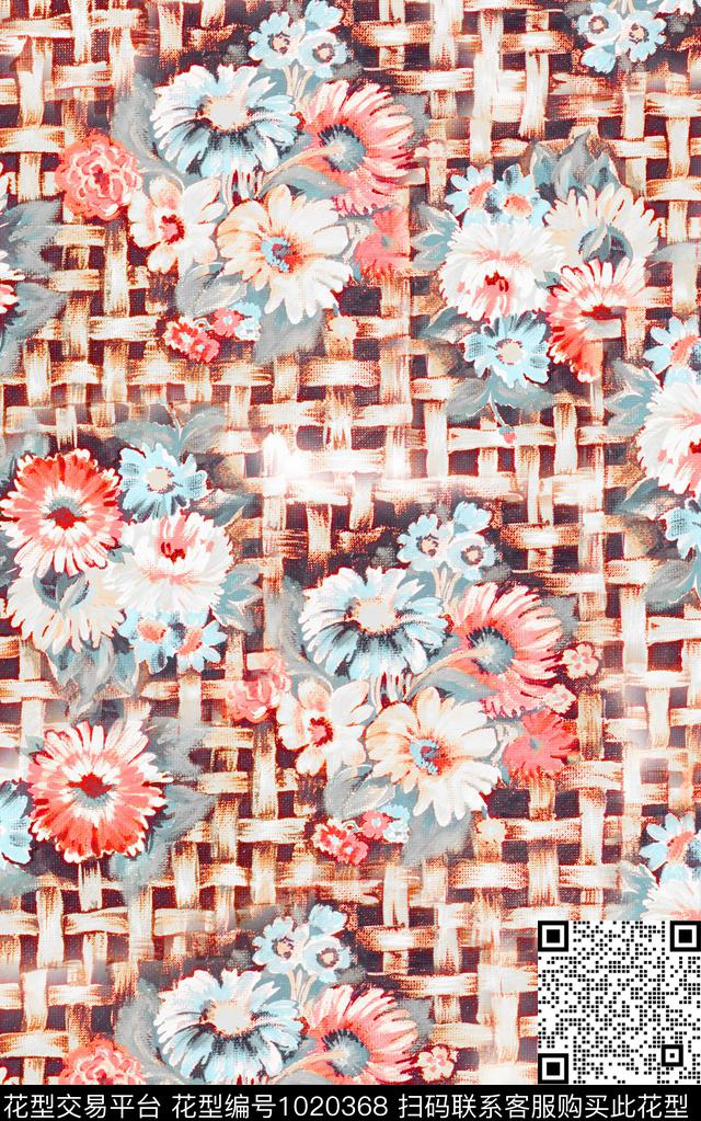 格子花卉笔触数码印花华亿平台下载（图片编号: 1020368） - 瓦栏（Walan）
