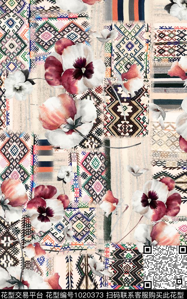 民族风格子花卉数码印花华亿平台下载（图片编号: 1020373） - 瓦栏（Walan）