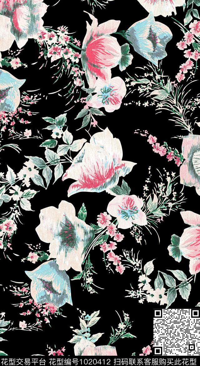 黑底花卉花卉大花数码印花华亿平台下载（图片编号: 1020412） - 瓦栏（Walan）