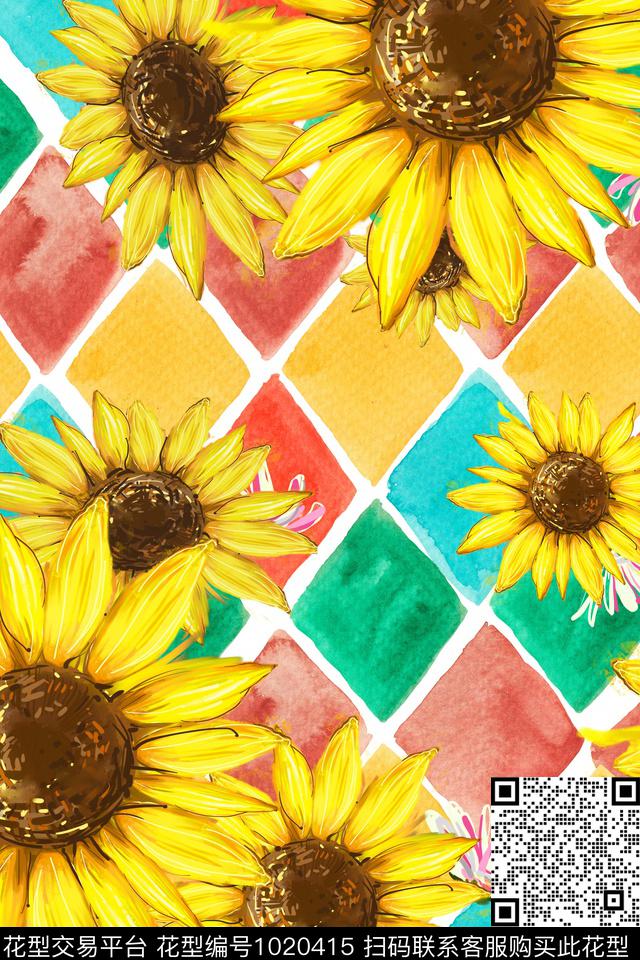 几何彩底花卉手绘大花数码印花华亿平台下载（图片编号: 1020415） - 瓦栏（Walan）