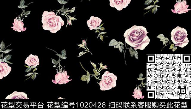 黑底花卉手绘花卉玫瑰花数码印花华亿平台下载（图片编号: 1020426） - 瓦栏（Walan）