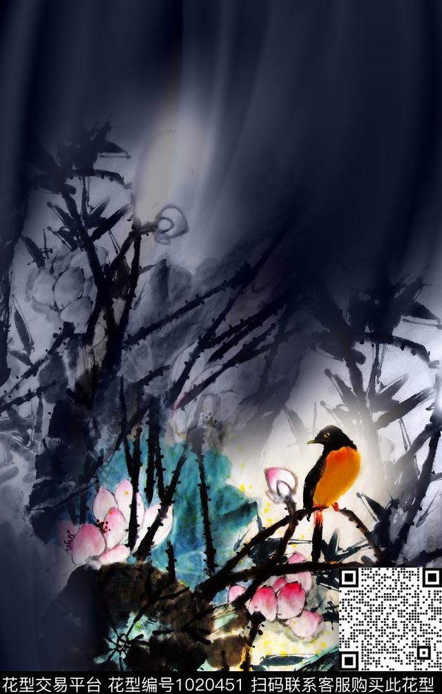 水墨风大牌风花鸟数码印花华亿平台下载（图片编号: 1020451） - 瓦栏（Walan）