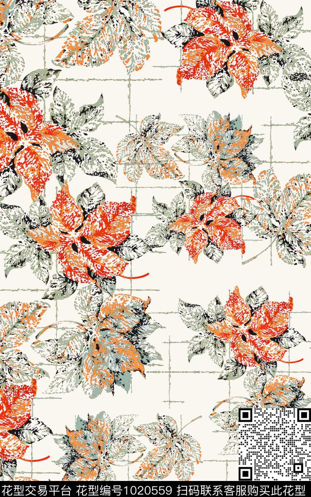 格子小碎花线条花卉数码印花华亿平台下载（图片编号: 1020559） - 瓦栏（Walan）