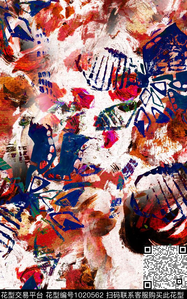 抽象花卉笔触数码印花华亿平台下载（图片编号: 1020562） - 瓦栏（Walan）