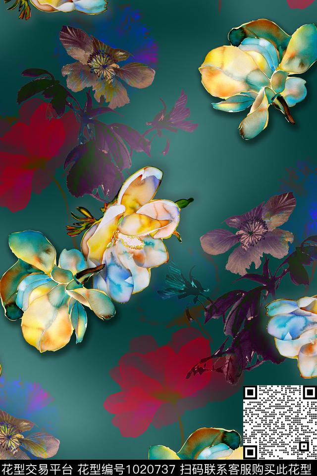 朦胧花卉水彩花卉年轻女性数码印花华亿平台下载（图片编号: 1020737） - 瓦栏（Walan）