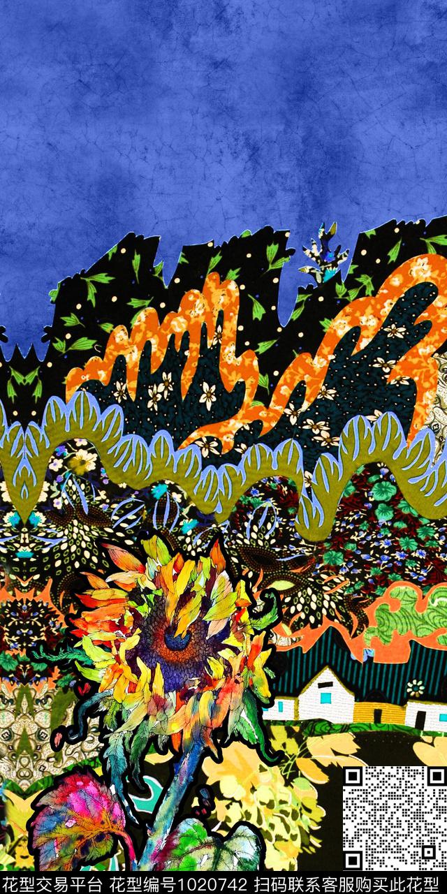 向日葵抽象花卉数码印花华亿平台下载（图片编号: 1020742） - 瓦栏（Walan）