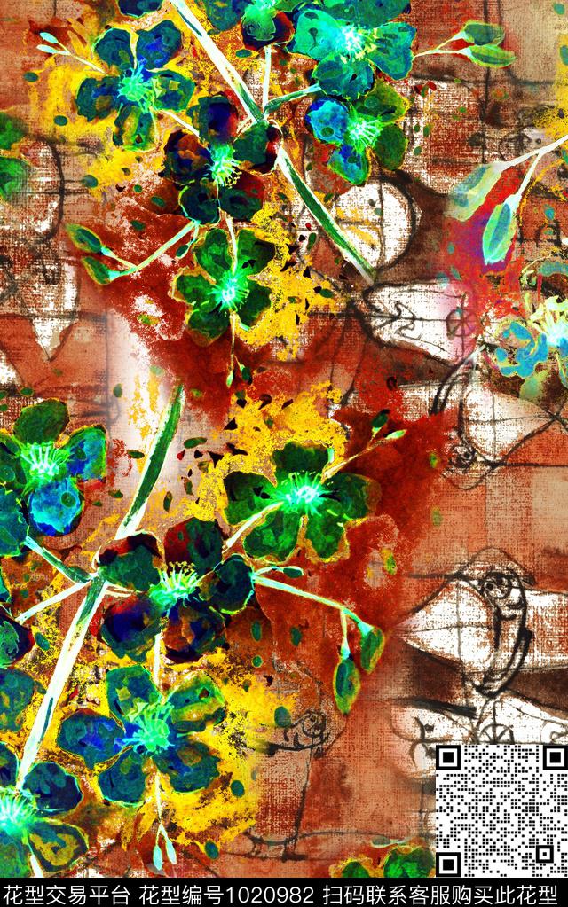 数码华亿平台花卉笔触数码印花华亿平台下载（图片编号: 1020982） - 瓦栏（Walan）