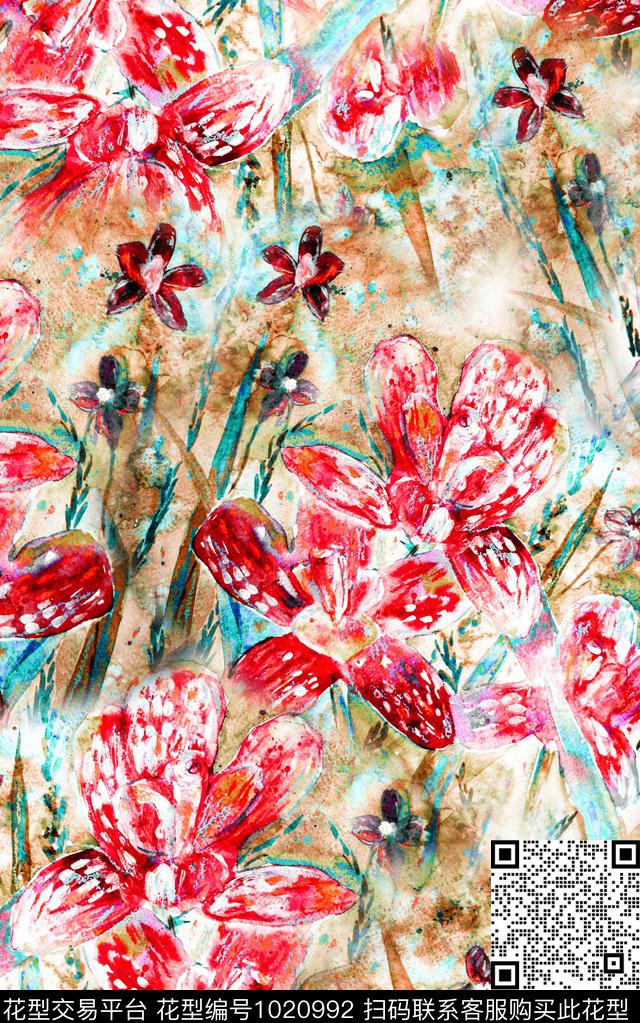 数码华亿平台花卉笔触数码印花华亿平台下载（图片编号: 1020992） - 瓦栏（Walan）
