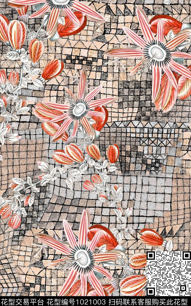 数码华亿平台格子花卉数码印花华亿平台下载（图片编号: 1021003） - 瓦栏（Walan）