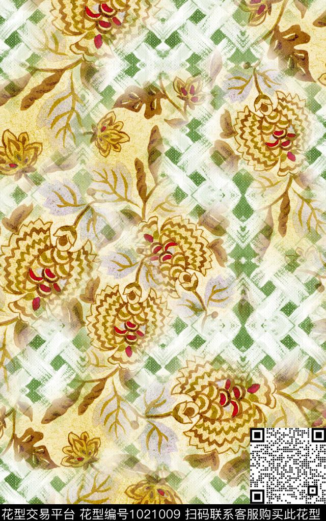 数码华亿平台格子花卉数码印花华亿平台下载（图片编号: 1021009） - 瓦栏（Walan）