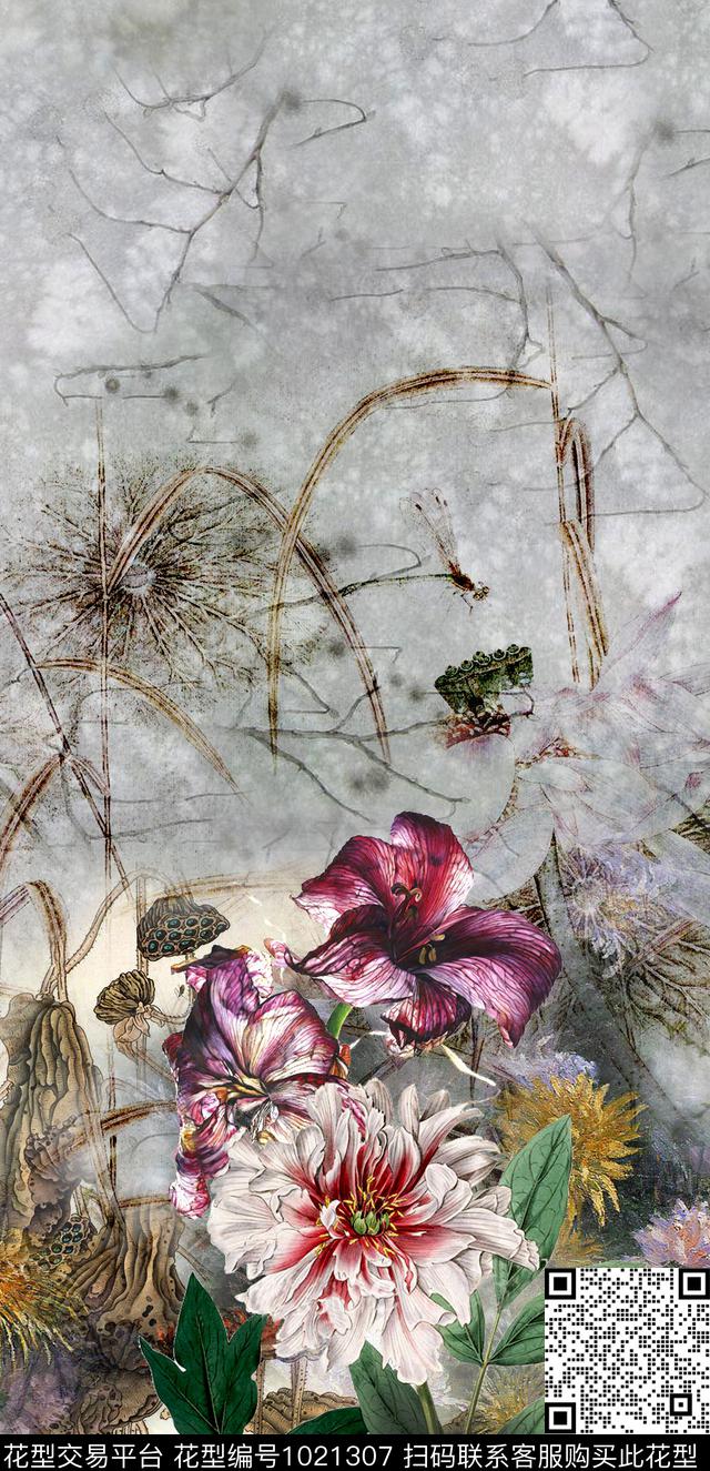 花卉水墨风牡丹数码印花华亿平台下载（图片编号: 1021307） - 瓦栏（Walan）