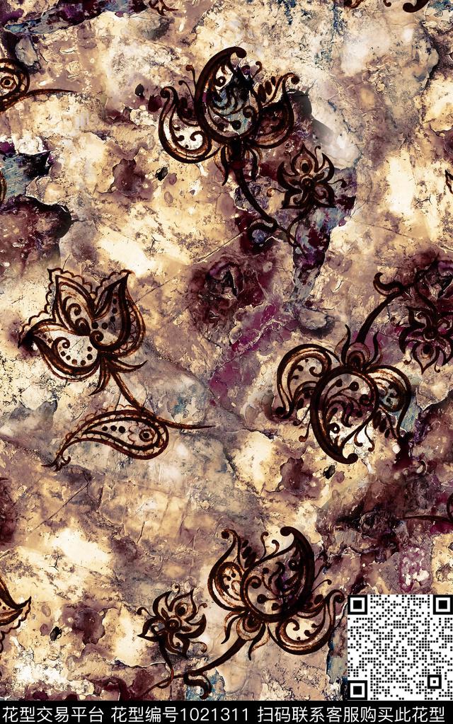 抽象复古大牌风数码印花华亿平台下载（图片编号: 1021311） - 瓦栏（Walan）