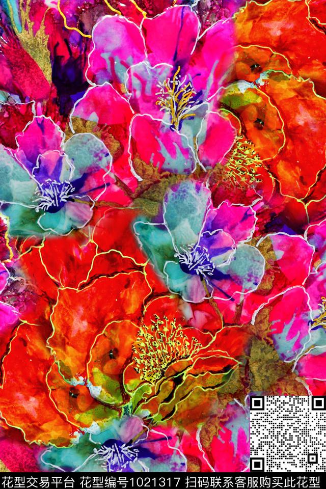 抽象花卉水彩花卉数码印花华亿平台下载（图片编号: 1021317） - 瓦栏（Walan）