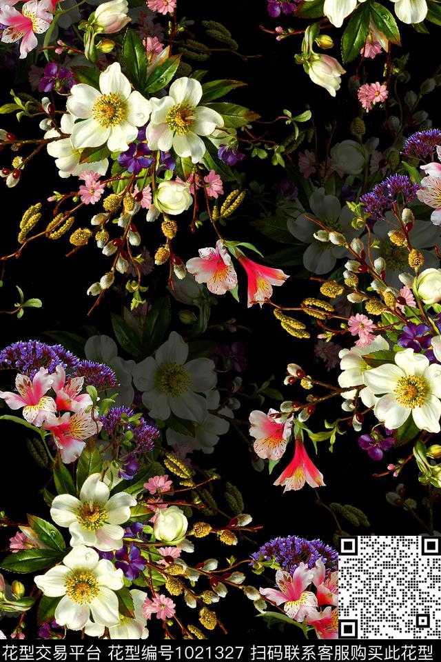 花卉黑底花卉热带华亿平台数码印花华亿平台下载（图片编号: 1021327） - 瓦栏（Walan）