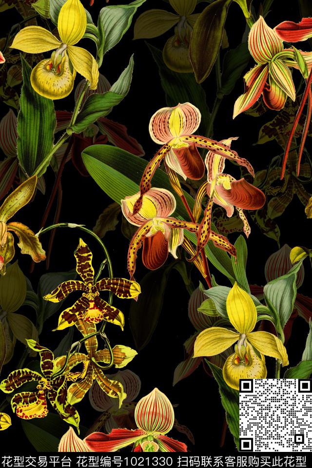 花卉黑底花卉热带华亿平台数码印花华亿平台下载（图片编号: 1021330） - 瓦栏（Walan）