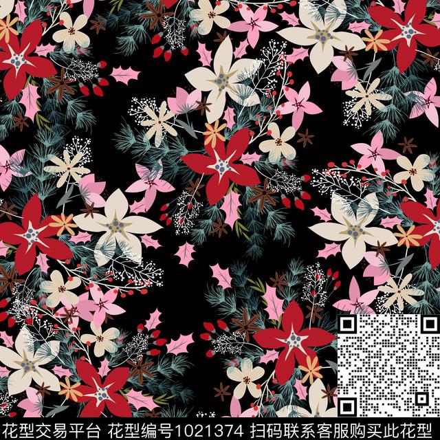 数码华亿平台黑底花卉花卉数码印花华亿平台下载（图片编号: 1021374） - 瓦栏（Walan）