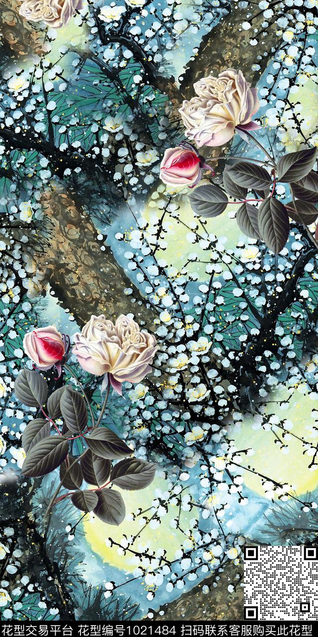 枯树枝小白花时尚复古数码印花华亿平台下载（图片编号: 1021484） - 瓦栏（Walan）