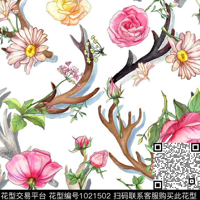 花卉坯布鹿角数码印花华亿平台下载（图片编号: 1021502） - 瓦栏（Walan）