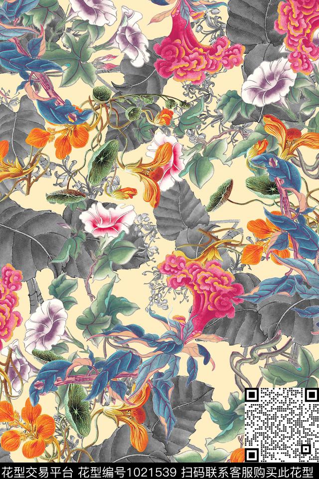 抽象花卉水墨风数码印花华亿平台下载（图片编号: 1021539） - 瓦栏（Walan）