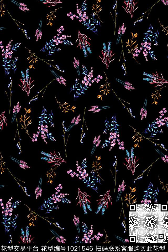 黑底花卉小碎花数码印花华亿平台下载（图片编号: 1021546） - 瓦栏（Walan）