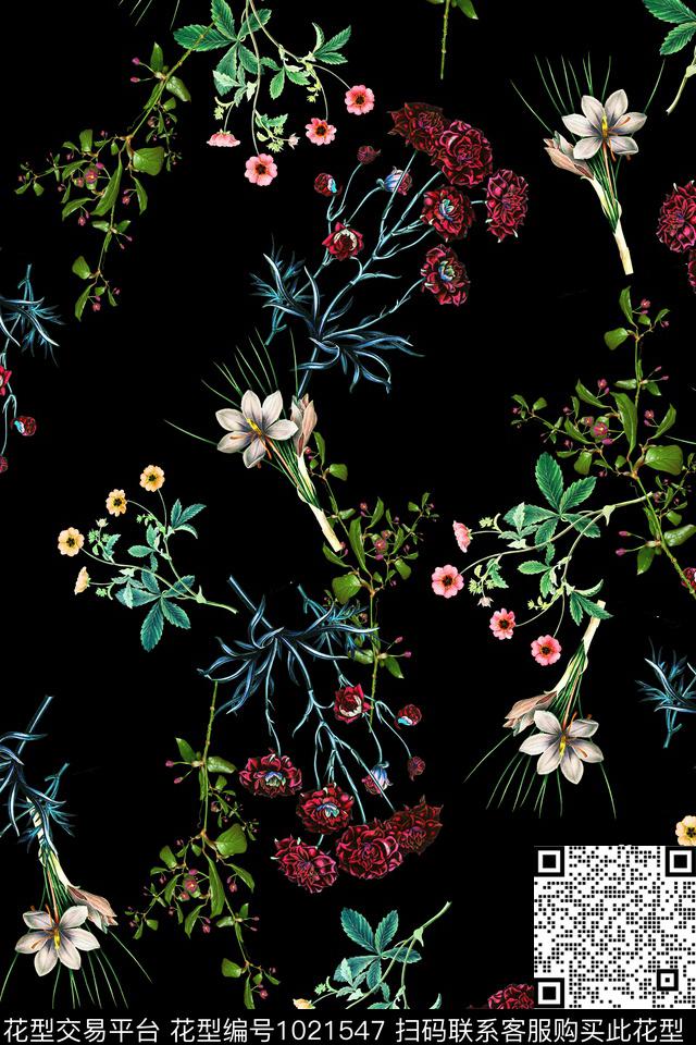 数码华亿平台黑底花卉小碎花数码印花华亿平台下载（图片编号: 1021547） - 瓦栏（Walan）