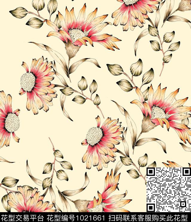 花卉清爽底花卉手绘花卉数码印花华亿平台下载（图片编号: 1021661） - 瓦栏（Walan）