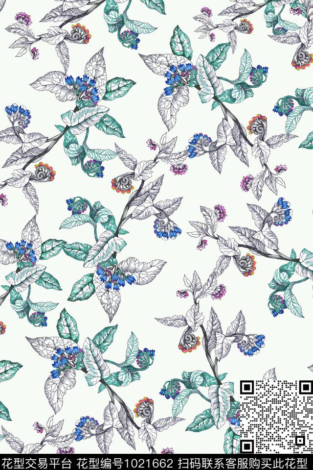 花卉清爽底花卉手绘花卉数码印花华亿平台下载（图片编号: 1021662） - 瓦栏（Walan）
