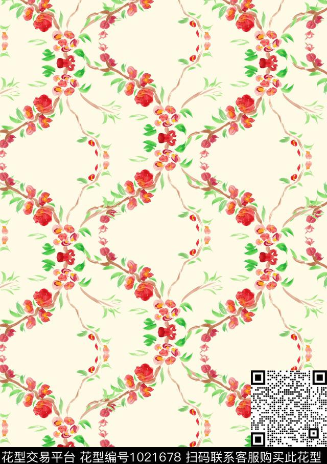 花卉清爽底花卉手绘花卉数码印花华亿平台下载（图片编号: 1021678） - 瓦栏（Walan）