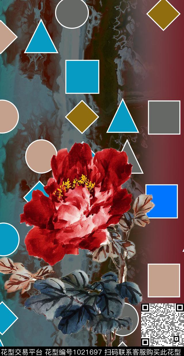 几何定位民族风牡丹数码印花华亿平台下载（图片编号: 1021697） - 瓦栏（Walan）