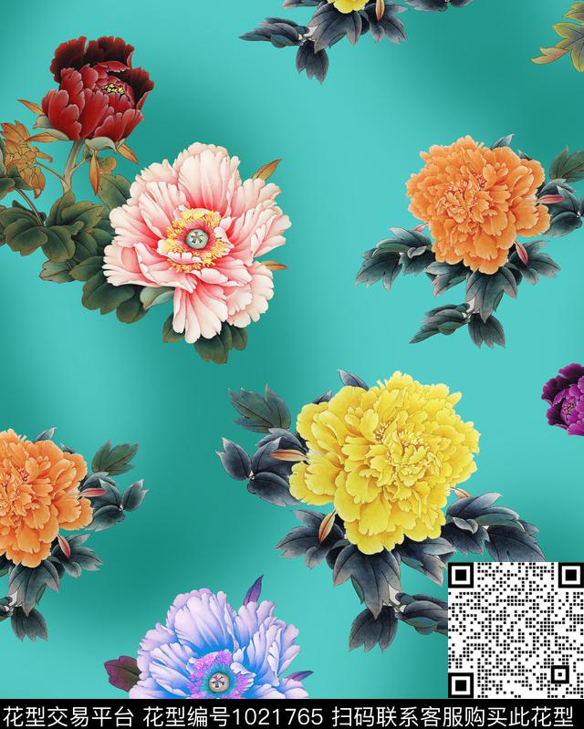 香云纱牡丹花卉数码印花华亿平台下载（图片编号: 1021765） - 瓦栏（Walan）