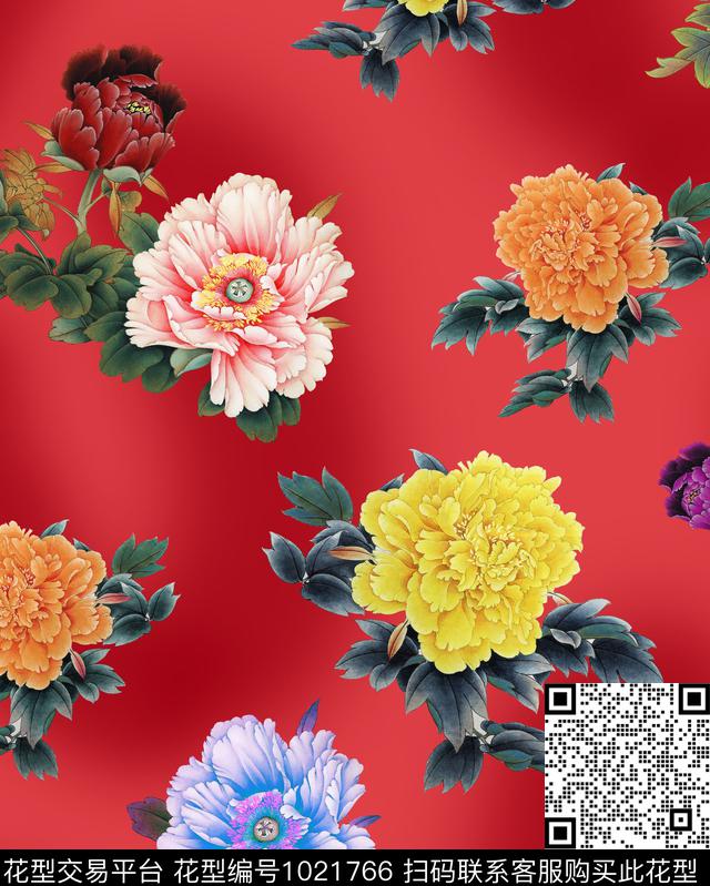 香云纱牡丹花卉数码印花华亿平台下载（图片编号: 1021766） - 瓦栏（Walan）
