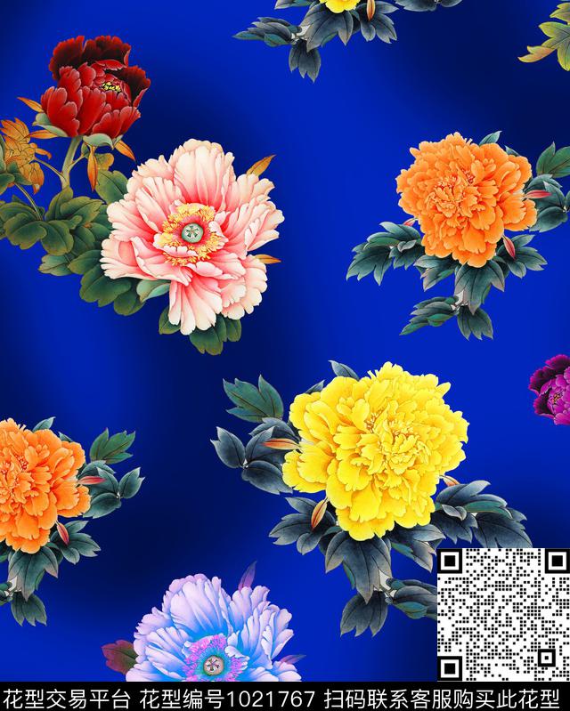香云纱牡丹花卉数码印花华亿平台下载（图片编号: 1021767） - 瓦栏（Walan）