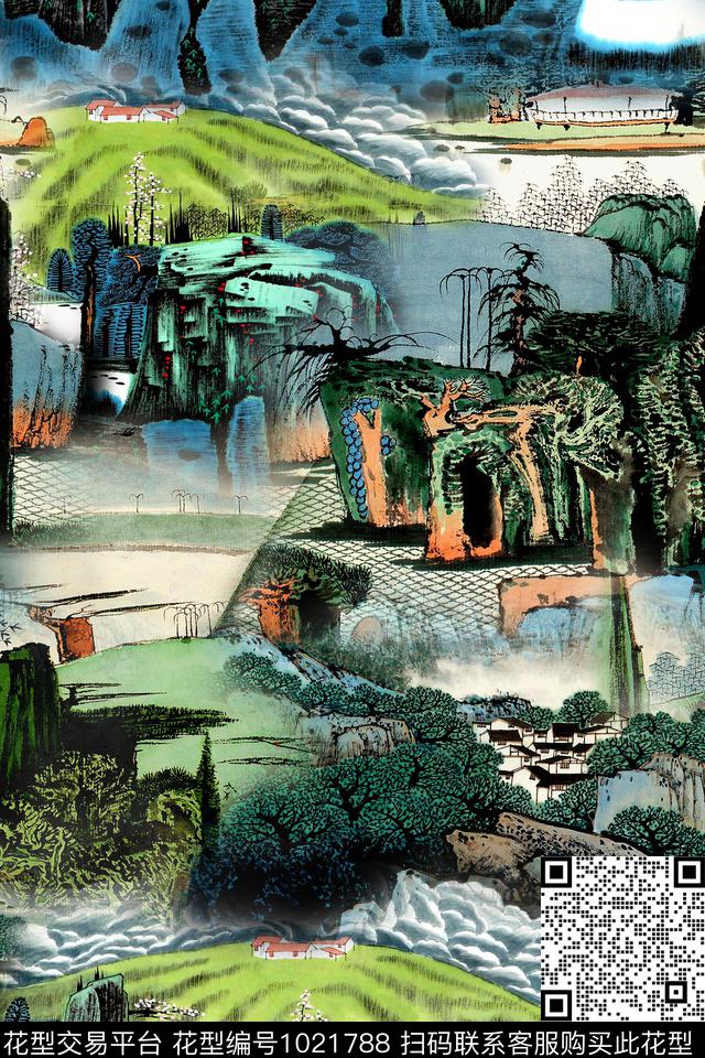 风景景观混合拼接数码印花华亿平台下载（图片编号: 1021788） - 瓦栏（Walan）