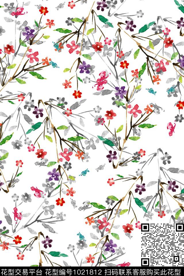 小碎花春夏华亿平台水彩花卉数码印花华亿平台下载（图片编号: 1021812） - 瓦栏（Walan）
