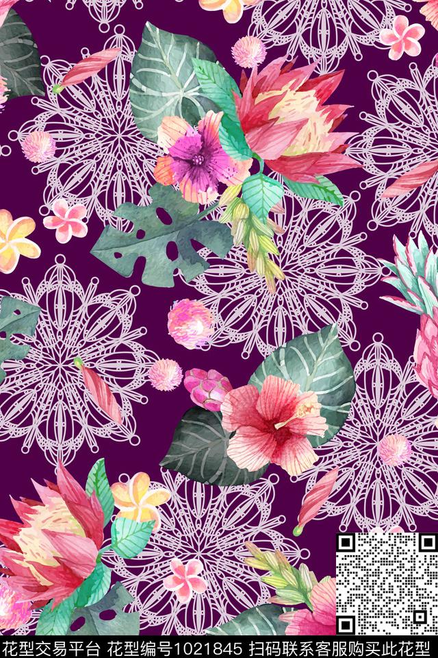 花卉网布蕾丝水彩花卉数码印花华亿平台下载（图片编号: 1021845） - 瓦栏（Walan）