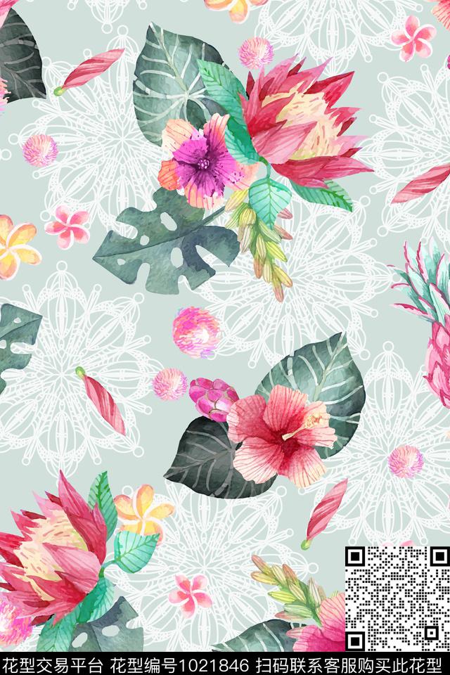 花卉网布蕾丝水彩花卉数码印花华亿平台下载（图片编号: 1021846） - 瓦栏（Walan）