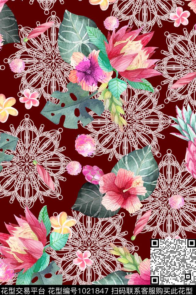 花卉网布蕾丝水彩花卉数码印花华亿平台下载（图片编号: 1021847） - 瓦栏（Walan）