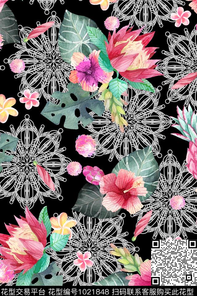 花卉网布蕾丝水彩花卉数码印花华亿平台下载（图片编号: 1021848） - 瓦栏（Walan）
