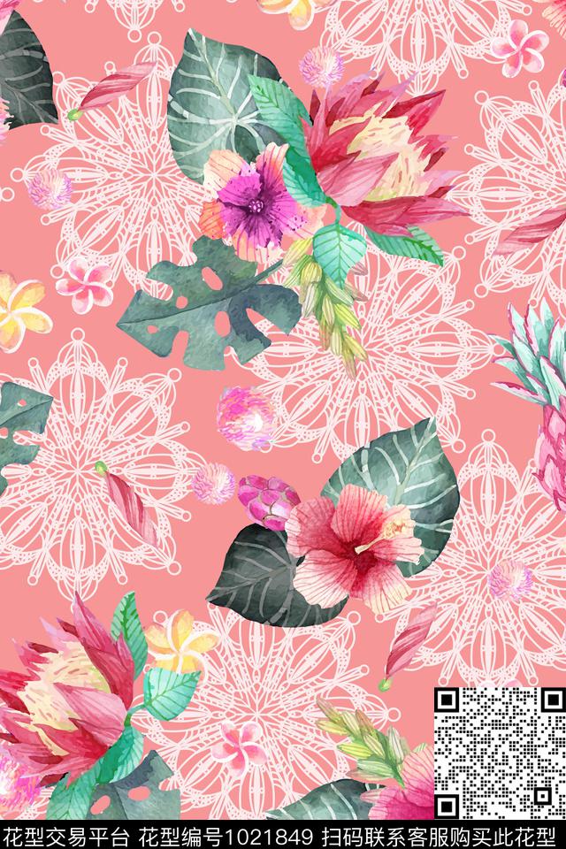花卉网布蕾丝水彩花卉数码印花华亿平台下载（图片编号: 1021849） - 瓦栏（Walan）