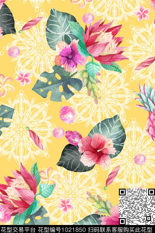 花卉网布蕾丝水彩花卉数码印花华亿平台下载（图片编号: 1021850） - 瓦栏（Walan）